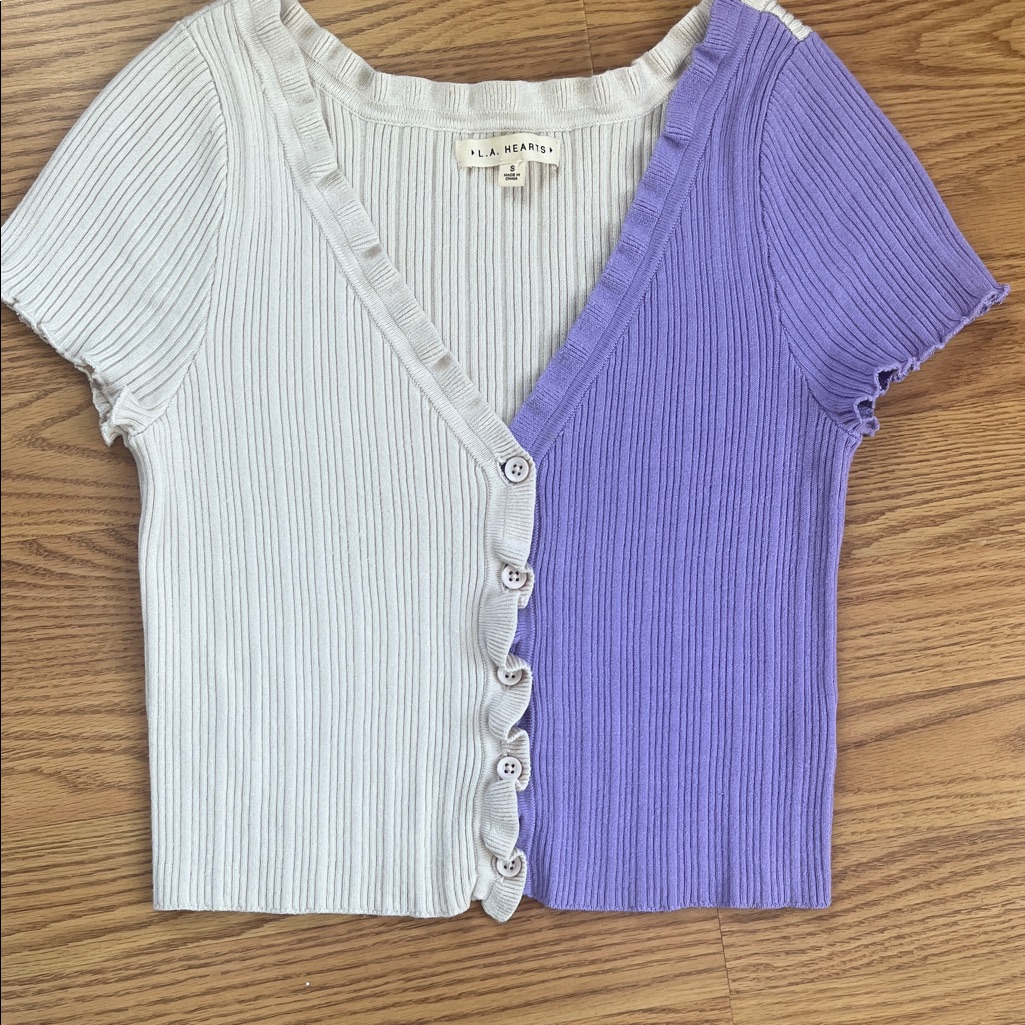 La Hearts Women's Ribbed Button-Up Top - Cream And Purple